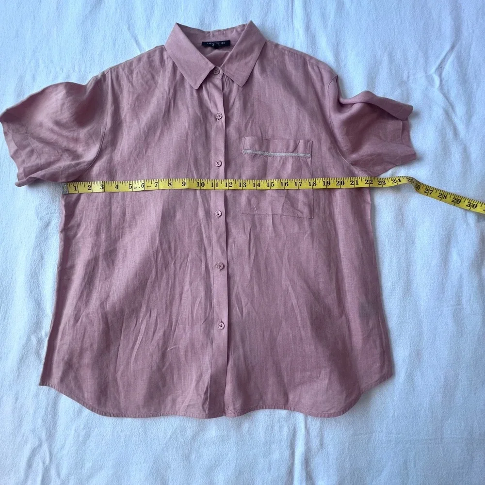 Lafayette 148 New York Pink 100% Linen Short Sleeve Button Down Shirt Women's L - Picture 7 of 9